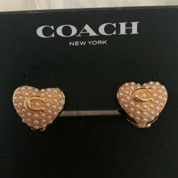 COACH Pearl Puff Heart Huggie Earrings in Gold - Picture 2 of 2